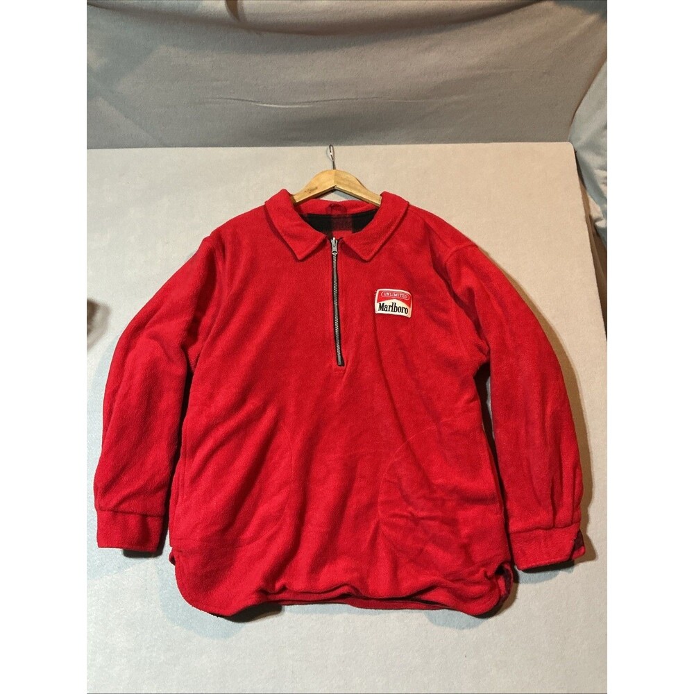 Vintage 90s Marlboro Reversible Buffalo Plaid Fleece 1/2 Zip Red Jacket XL